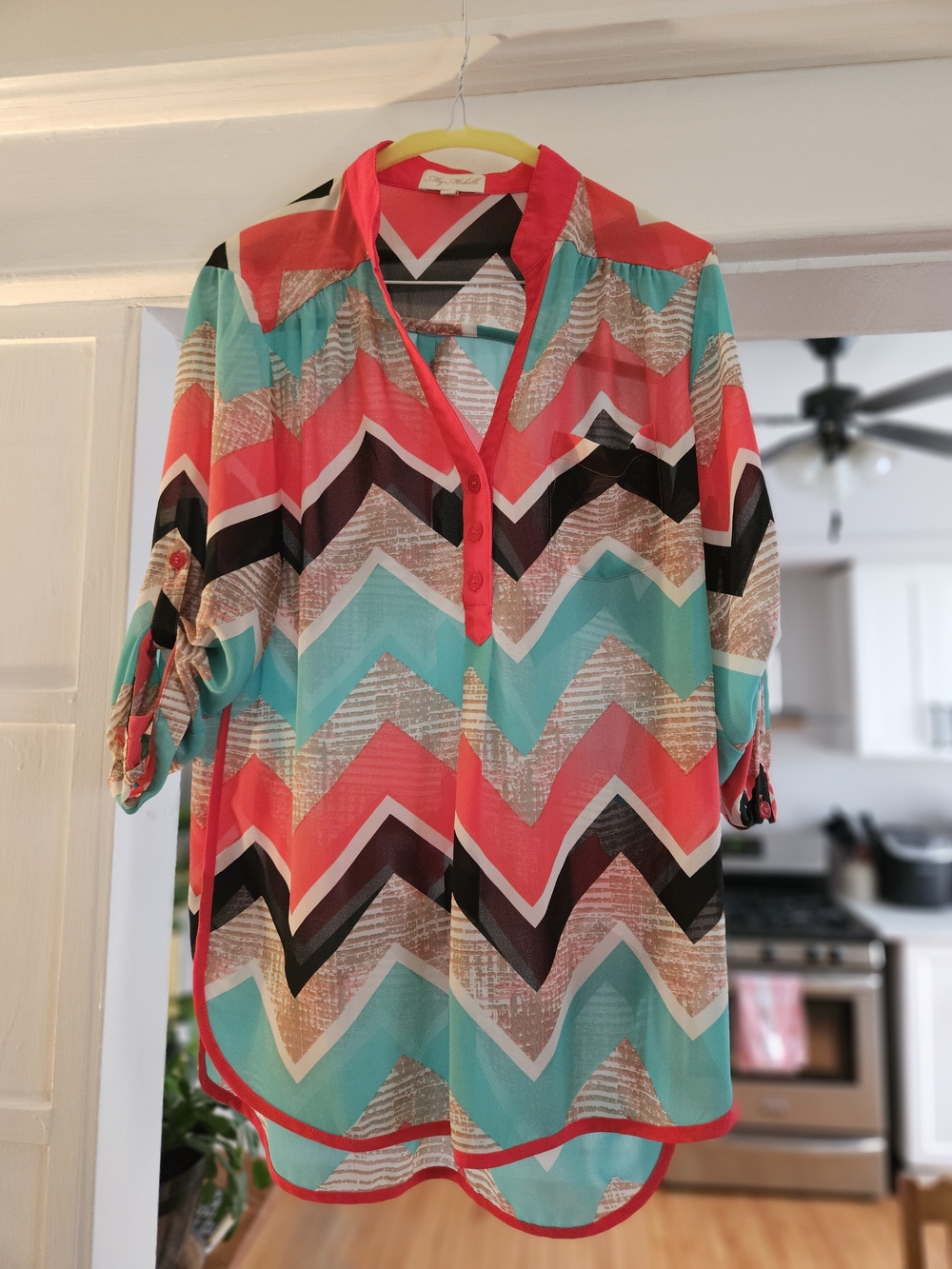Bright Chevron Button-Front Blouse - Turquoise & Coral